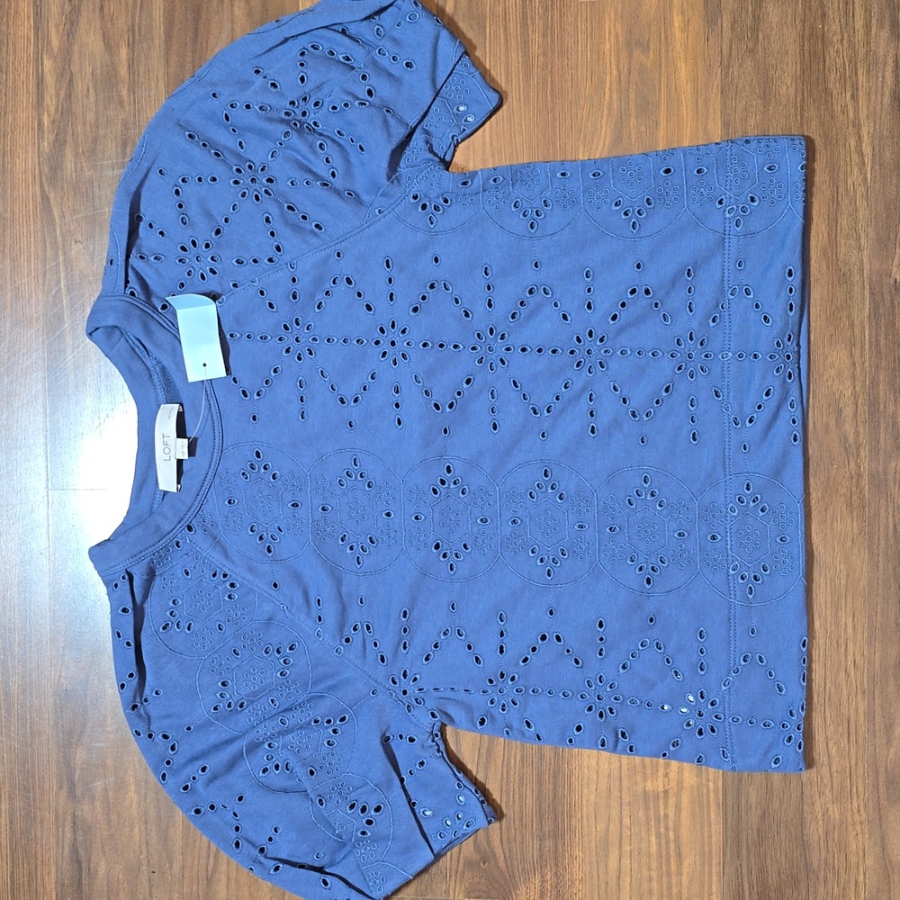 LOFT Petite Eyelet Mixed Media Short Sleeve Sweatshirt - Picture 3 of 10